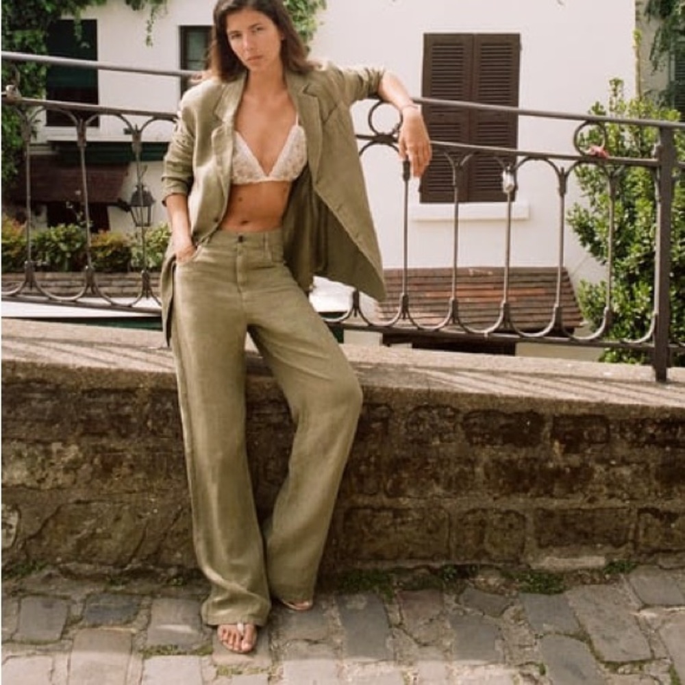 Zara Wide Leg Slouchy Linen Pants Brown Green Beige